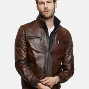 Men Brown Leather Bomber Jacket