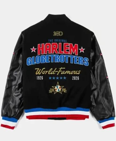 100 Anniversary Harlem Globetrotters World Famous Black Varsity Jacket Back