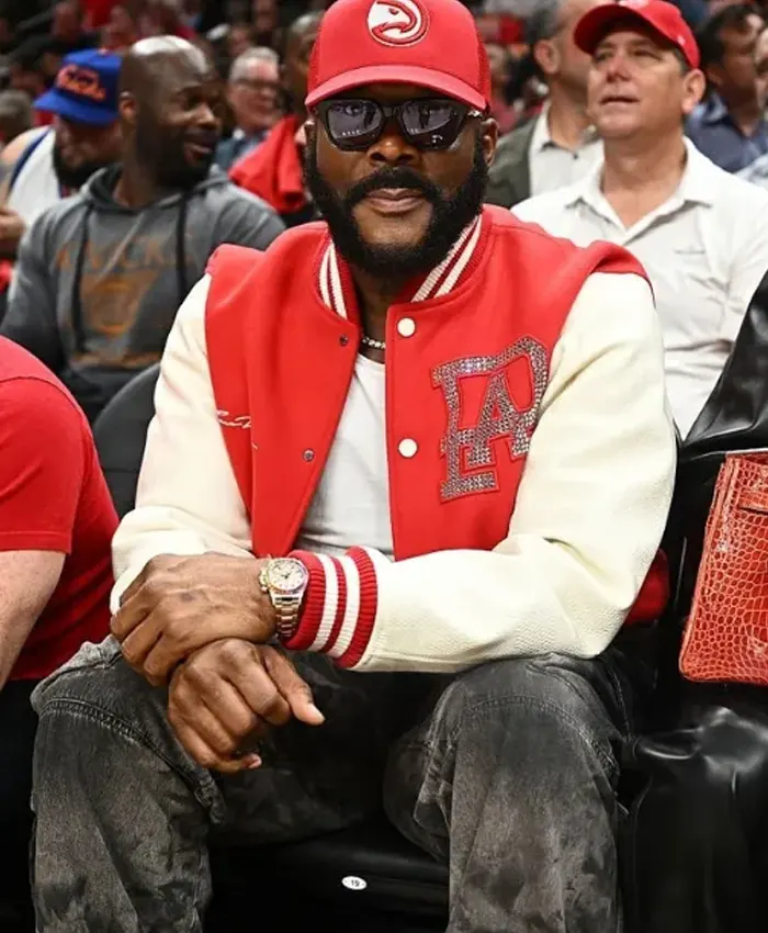 2026 New York Knicks v Atlanta Hawks Tyler Perry Red and White Varsity Jacket Closure