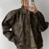 90s Women Vintage Distressed Oversized Brown Leather Bomber Jacket.webp