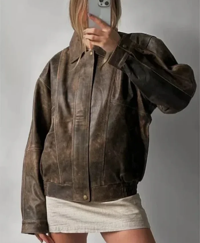 90s Women Vintage Distressed Oversized Brown Leather Bomber Jacket For Sale.webp
