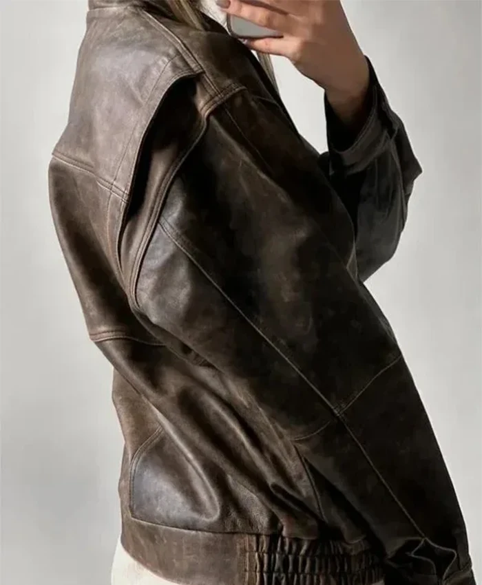 90s Women Vintage Distressed Oversized Brown Leather Bomber Jacket Side.webp