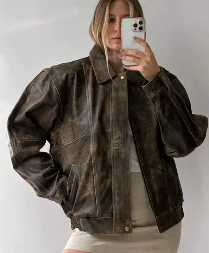 90s Women Vintage Distressed Oversized Brown Leather Bomber Jacket.webp