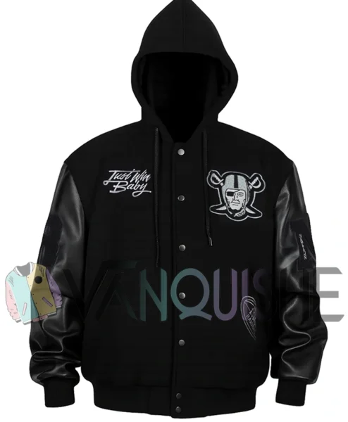 Alene Pacocha Las Vegas Raiders Wool Varsity Jacket front with hood.webp