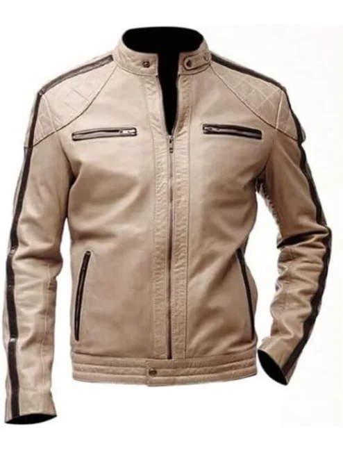 Beige Leather Jacket Mens Cafe Racer Striped Biker Stand Up Collar