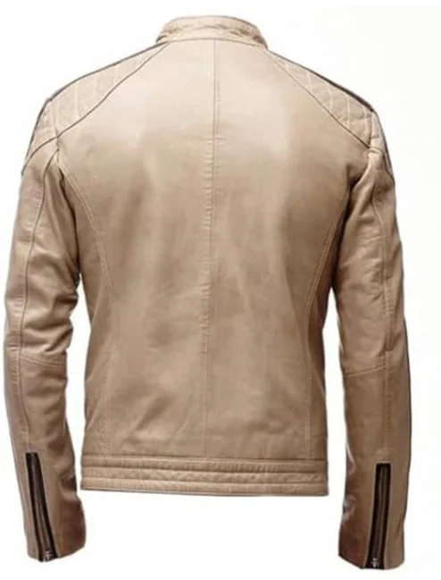 Beige Leather Jacket Mens Cafe Racer Striped Biker Stand Up Collar Back