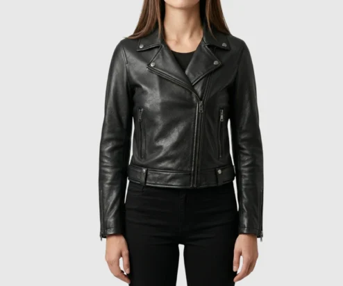 Buy Black Asymmetrical Zip Cropped Leather Biker Jacket