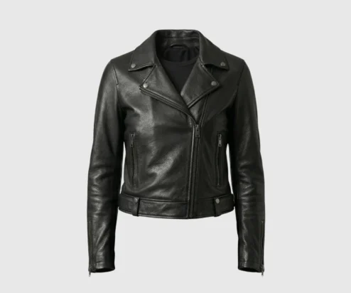 Buy Women Black Cropped Biker Leather Jacket