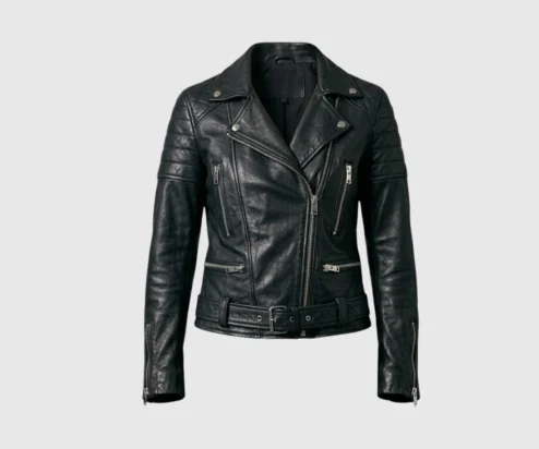Buy Women Black Quilted Biker Leather Jacket Belted