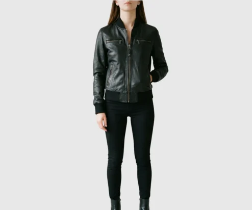 Buy Womens Black Leather Bomber Biker Jacket
