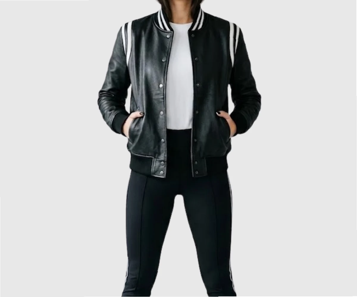 Buy Womens Black Varsity White Stripe Bomber Jacket