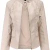 Casual Spring Slim Ladies Beige Leather Bomber Jacket With Stand up Collar