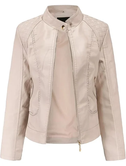 Casual Spring Slim Ladies Beige Leather Bomber Jacket With Stand up Collar