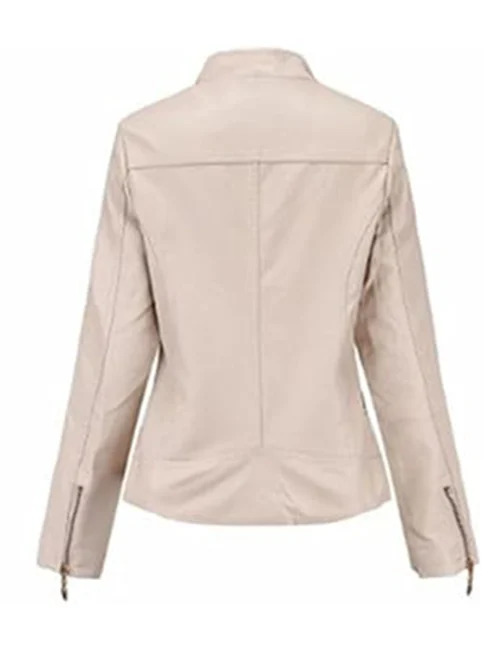 Casual Spring Slim Ladies Beige Leather Bomber Jacket With Stand up Collar Back