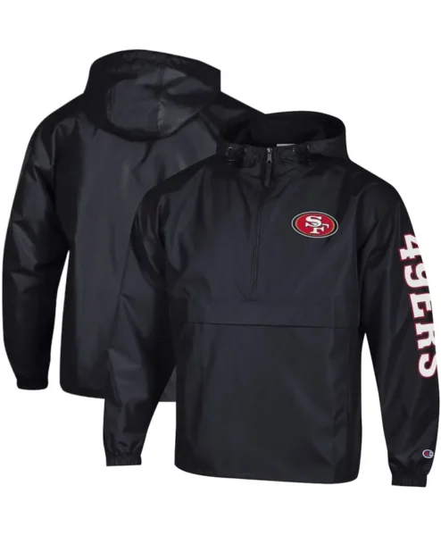 Champion San Francisco 49ers Packable Black Hooded Windbreaker Half Zip Jacket