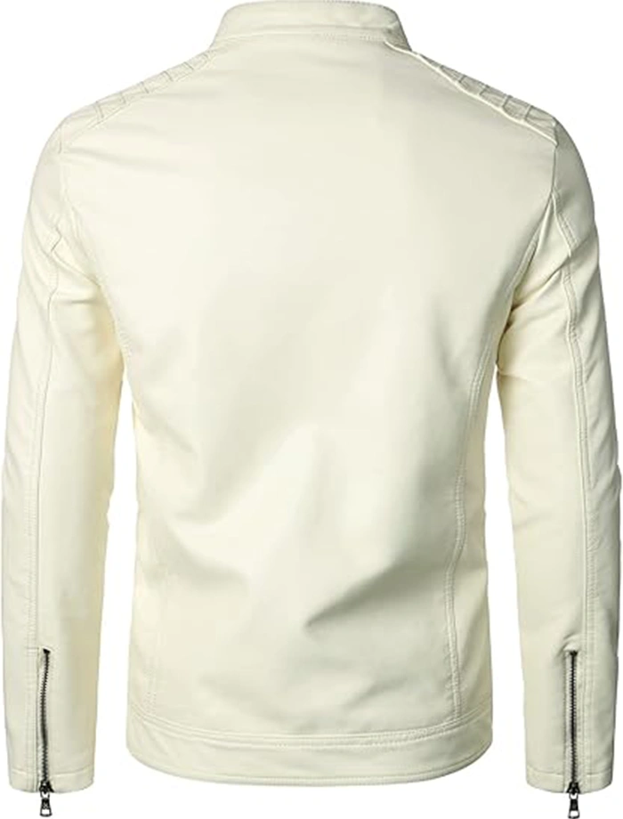 Classic Beige Mens Leather Jacket For Bikers Stand Collar Back