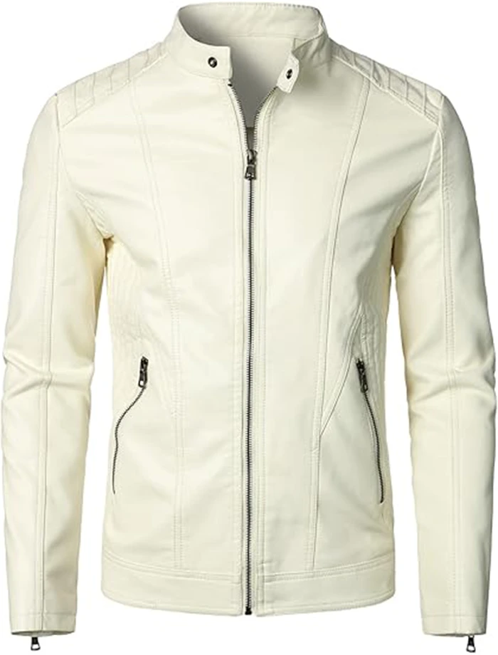 Classic Beige Mens Leather Jacket For Bikers Stand Collar