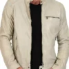 Classic Mens Cafe Racer Motorcycle Beige Leather Jacket