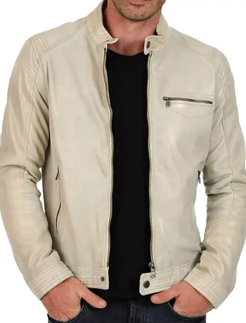 Classic Mens Cafe Racer Motorcycle Beige Leather Jacket