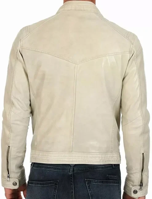 Classic Mens Cafe Racer Motorcycle Beige Leather Jacket Back