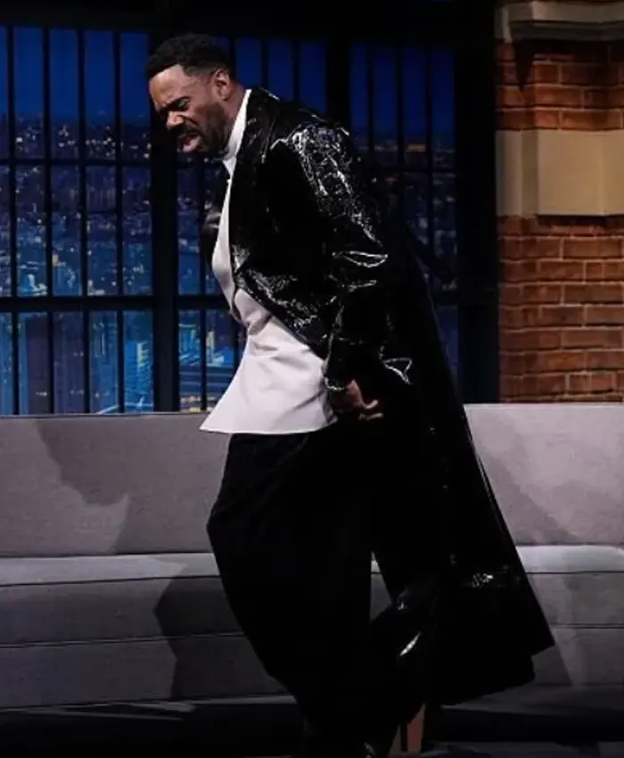 Colman Domingo Late Night with Seth Meyers S13 Black Leather Trench Coat Right