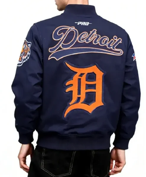 Detroit Tigers Living Large Full Zip Twill Navy Blue Cotton Bomber Jacket