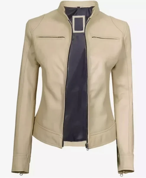Dodge Beige Womens Cafe Racer Leather Jacket Inner