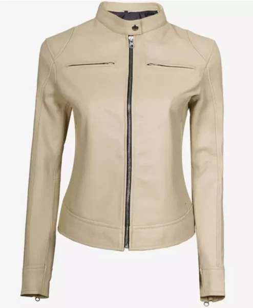 Dodge Beige Womens Cafe Racer Leather Jacket Main