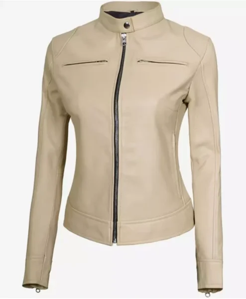 Dodge Beige Womens Cafe Racer Leather Jacket Style