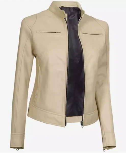 Dodge Beige Womens Cafe Racer Leather Jacket Zipper