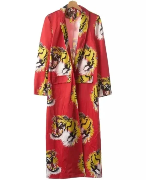 Elle Fanning Margos Got Money Troubles Tv Series Margo Millet Tiger Printed Red Robe Front