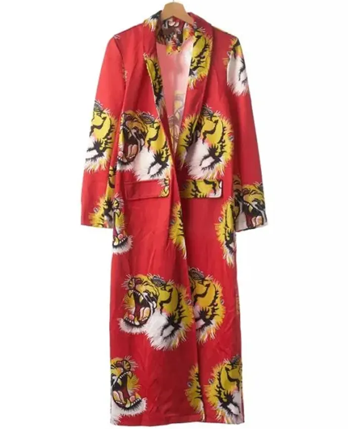 Elle Fanning Margos Got Money Troubles Tv Series Margo Millet Tiger Printed Red Robe Front