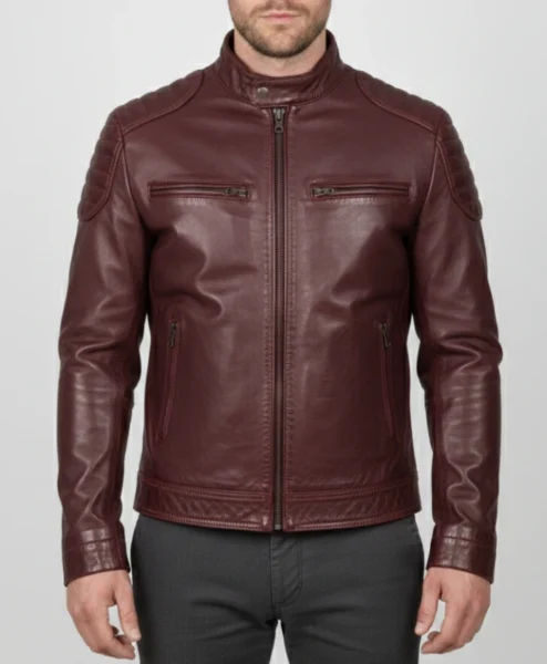 Fashion Waxed Quilted Burgundy Biker Leather Jacket