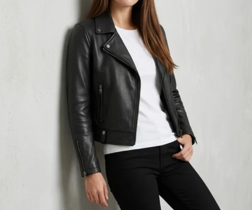 Get Women Black Cropped Biker Leather Jacket