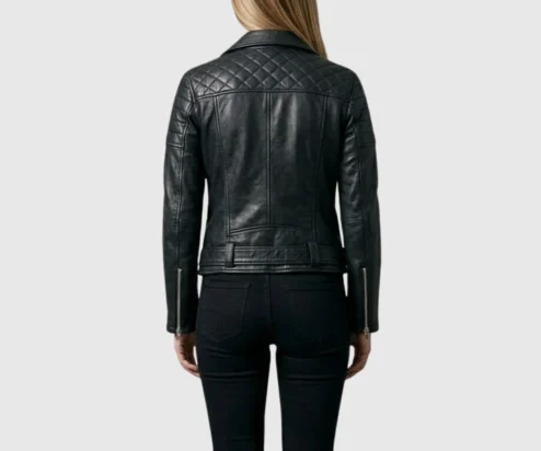 Get Women Black Quilted Biker Leather Jacket Belted