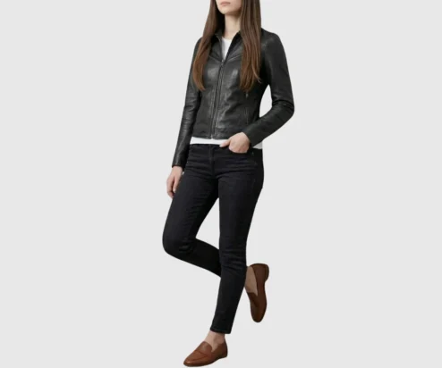 Get Womens Black Biker Motorcycle Style Leather Jacket