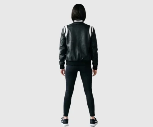 Get Womens Black Varsity White Stripe Bomber Jacket