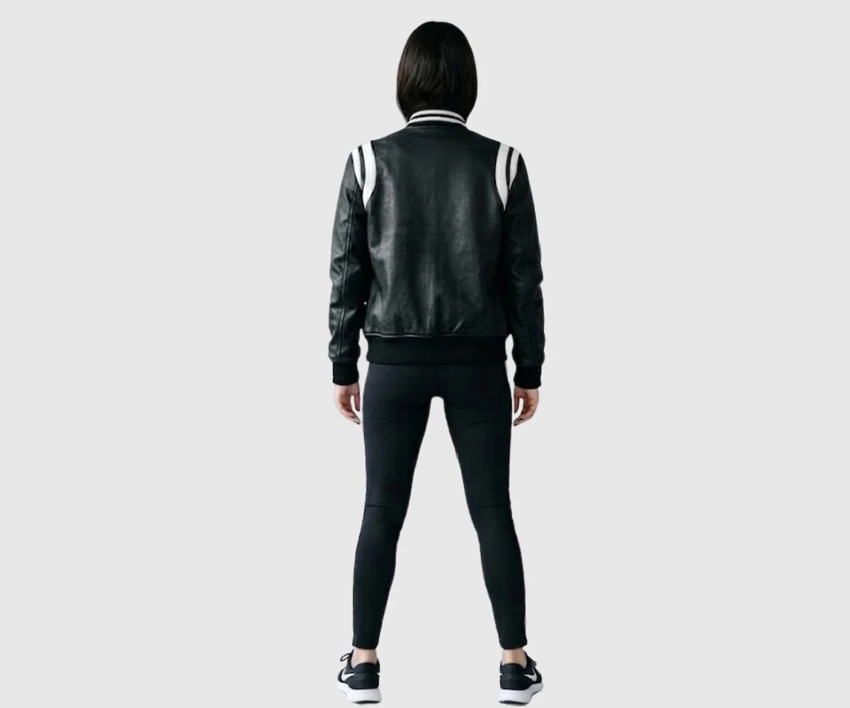 Get Womens Black Varsity White Stripe Bomber Jacket