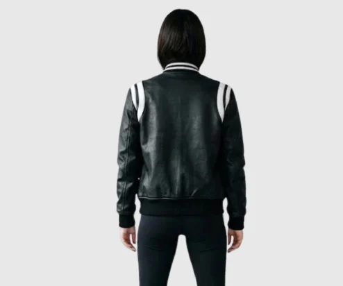 Jessy Womens Black Varsity White Stripe Bomber Jacket