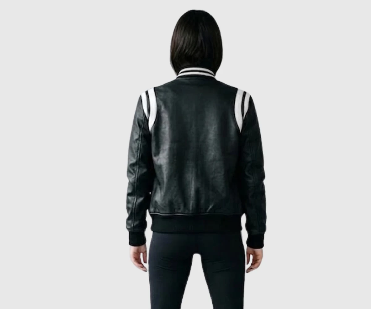 Jessy Womens Black Varsity White Stripe Bomber Jacket
