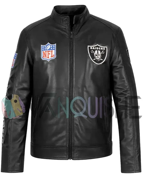 Las Vegas Raiders Black Leather Jacket FRONT VAN.webp