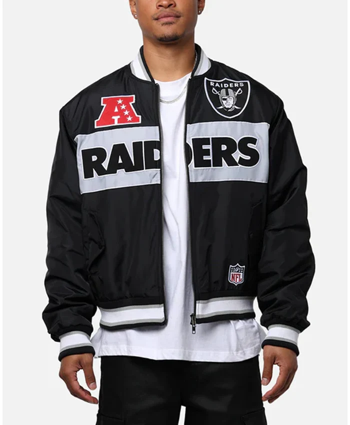 Majestic Raiders Black Satin Varsity Jacket.webp