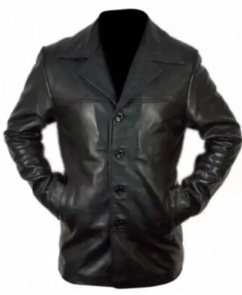 Men Black 3/4 Quarter Length Leather Coat