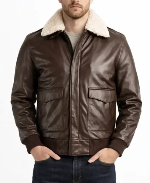 Men Brown Pilot Shearling Leather Bomber Jacket