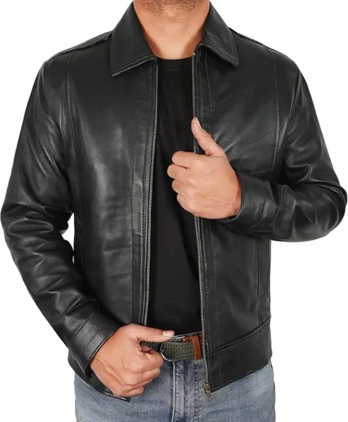Men Classic Collar Slim Fit Zip Up Black Leather Jacket