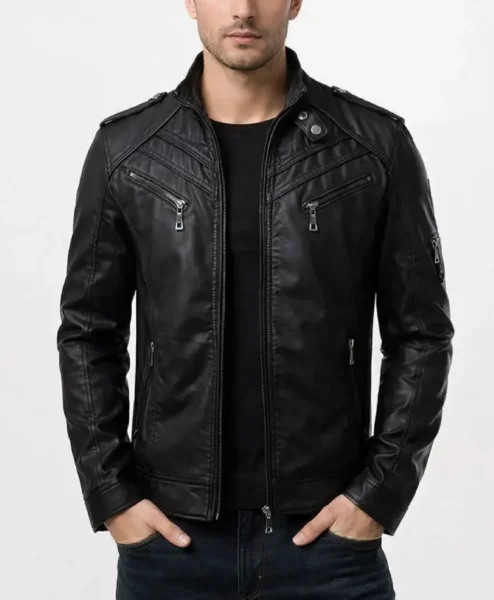 Mens Black Biker Quilted Slim Fit Leather Jacket