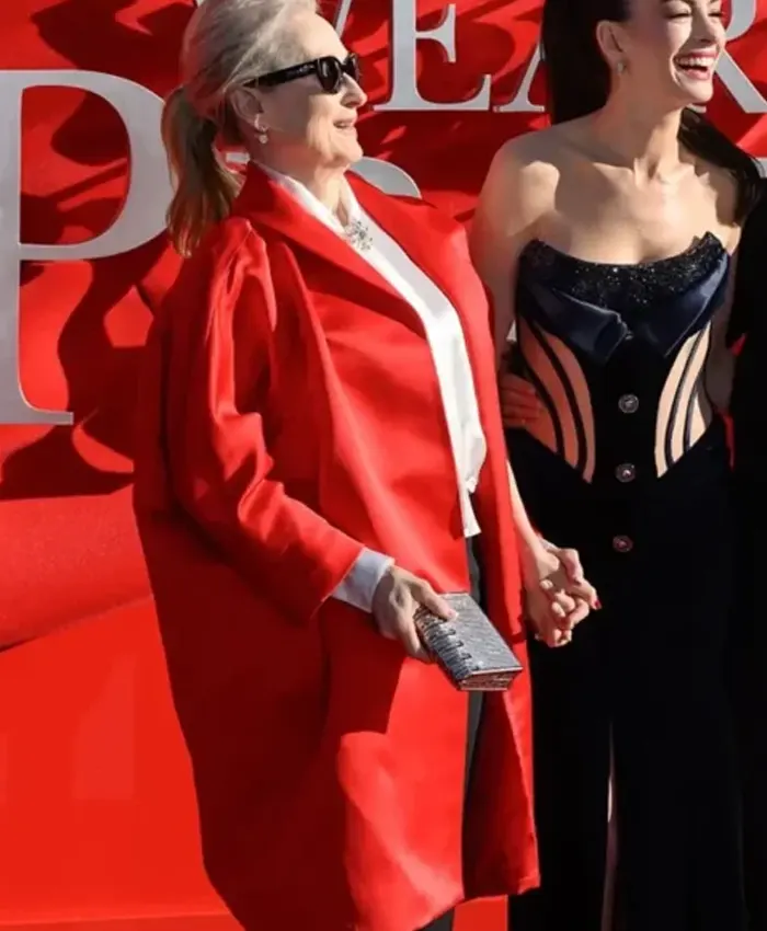 Meryl Streep European Premiere 2026 Oversized Red Satin Coat Right