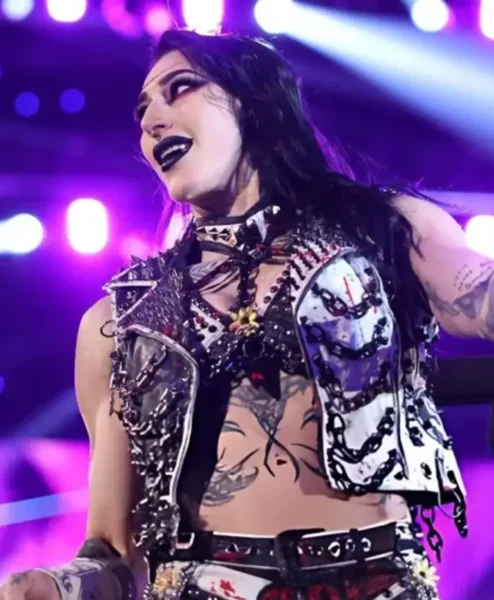 Monday Night RAW 2026 Rhea Ripley Black and White Leather Chain and Spiked Vest Front