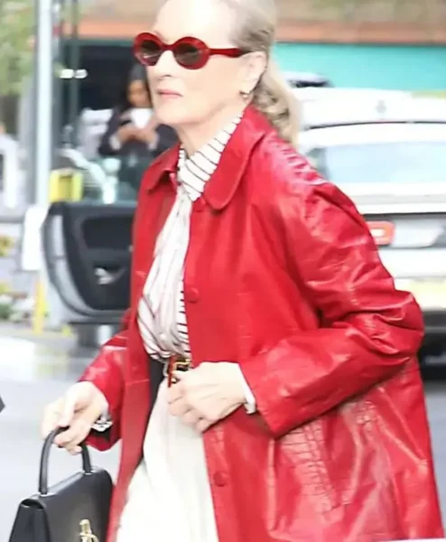 NYC Good Morning America Meryl Streep Red Leather Coat Closeup