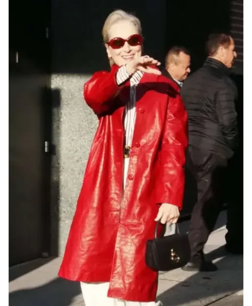 NYC Good Morning America Meryl Streep Red Leather Coat Right